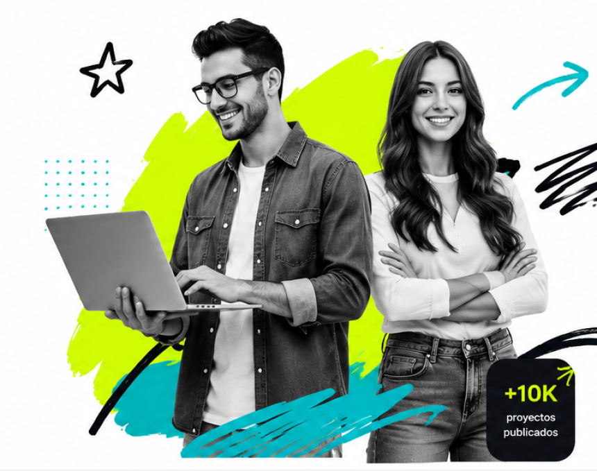 Dos freelancers digitales con portátil y elementos gráficos de eTrab
